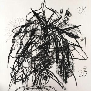 Fleurs-Camouflages #2, fusain de tilleul brûlé, pastel sec et pastel à l'huile sur panneau de tilleul et plexis, 100 x 100 x cm, 2023
Courtesy Galerie Olivier Waltman