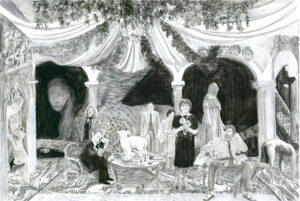 Maxime Parodi, Salle à manger RC, crayons sur papier, 48 x 71,8 cm, 2025, courtesy de l'artiste et de la galerie Eva Vautier
