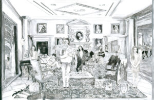 Maxime Parodi, Salon étage, crayons sur papier, 48 x 73 cm, 2025, courtesy de l'artiste et de la galerie Eva Vautier