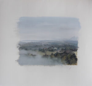 Michiko Van de Velde, Mindscape fog,Oil painting on paper, 53 x 57 cm,2025, courtesy Quai4, ©Michiko Van de Velde