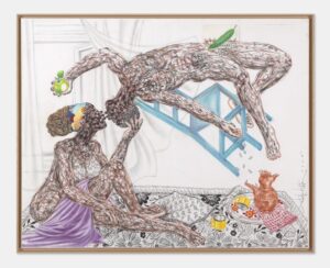 Salifou Lindou
Quand l’amour s’enflamme, 2025
Collage and pastel on paper mounted on paper
120x150 cm
Courtesy of the Gallery and the Artist