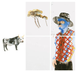 Trevor Gould, Between memory and horizon # 2, 2025, four sheets watercolour on Arches paper 60 x 45 cm (each) with a cut-out image of a Nguni cow, courtesy CAR Gallery Bologna