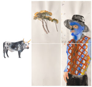 Trevor Gould, Between memory and horizon # 2, 2025, four sheets, watercolour on Arches paper 60 x 45 cm (each) with a cut-out image of a Nguni cow, courtesy CAR Gallery Bologna