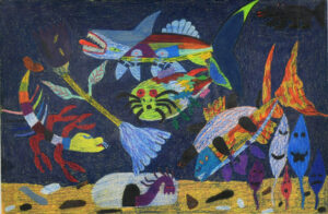 Pitseolak Qimirpik, Armonson (Attackful) Acid Mammal Gold Crown Fish, Crayon de couleur, 2023, 31.8 x 48.4 cm