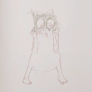 Ellen Keusen, o.T. (Maske), pencil and ballpoint ink on paper, 29,7 x 21 cm, 2025, copyright by the artist, courtesy Galerie Martin Kudlek