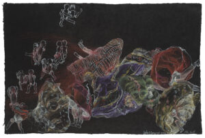 Laila MURAYWID, Fête en l'honneur de la déesse, Technique mixte sur papier fait main,  51 x 76 cm, 2022, Photo Jean-Louis Losi