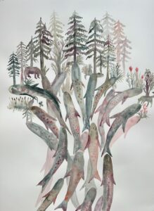 Suzanne Husky, Cycle des nutriments anadromes, Aquarelle sur papier, 76 x 57 cm, 2025, Courtesy Suzanne Husky & Galerie Alain Gutharc