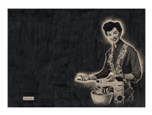 Guy Vording, Black Pages IV - Draining - 2024 - 18,5 x 13,5 cmm - watercolour pencil on old magazine page, courtesy Guy Vording / dudokdegroot