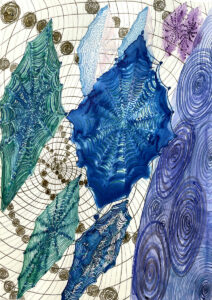 Dan Zhu, Spiderweb above the sky,  2024, aquarelle, encre sur papier, watercolour ink on paper 29,6 x 21 cm. Courtesy Dan Zhu, Galerie Maurits van de Laar