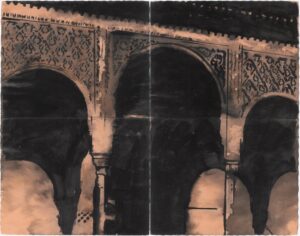 Gabriel Folli, Alhambra y Generalife (Granada) mixed media sur papier ancien, 30,5 x 39 cm, 2026, courtesy l'artiste et La Ferronnerie