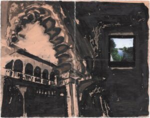 Gabriel Folli, Real Alcazar de Sevilla, mixed media, polaroïd sur papier ancien, 2026, 30,5 x 39 cm courtesy l'artiste et La Ferronnerie