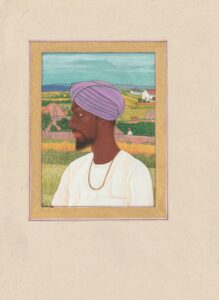 Jatinder Singh Durhailay 
Singh 2025
Natural stone pigments heightened with gold on handmade wasli paper
Pigments de pierre naturelle rehaussés d’or sur papier wasli fait main
34 x 23 cm
Courtesy the artist, copyright Purdy Hicks Gallery