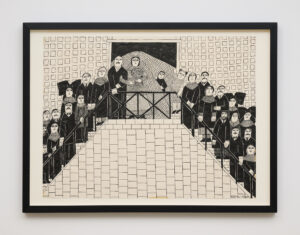 Véronique FILOZOF, Alsatian wedding, India ink on paper, 49 x 65 cm, 1970s. Courtesy of Richard Saltoun Gallery, London, Rome and New York, (c) The Estate of Véronique Filozof.