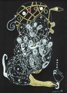 Dollattitude @ Juste un porteur de Boson, Encre acrylique sur papier Canson Noir, H 28,3 x L 21 cm, 2022