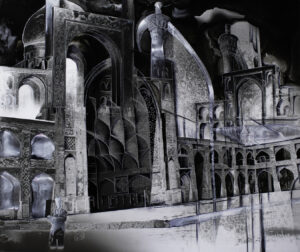 Guénaëlle de Carbonnières, Creuser l'image, Ispahan, Perse, 2026
encre et gravure à la pointe sèche sur tirage argentique 
contrecollage sur aluminium, encadrement boîte et verre antireflet 
pièce unique - 50 x 60 cm
© Guénaëlle de Carbonnières courtesy Galerie Binome