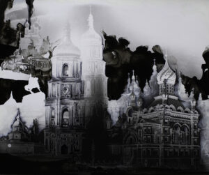 Guénaëlle de Carbonnières, Creuser l'image, Kiev, Sainte-Sophie, 2026
encre et gravure à la pointe sèche sur tirage argentique 
contrecollage sur aluminium, encadrement boîte et verre antireflet 
pièce unique - 50 x 60 cm
© Guénaëlle de Carbonnières courtesy Galerie Binome