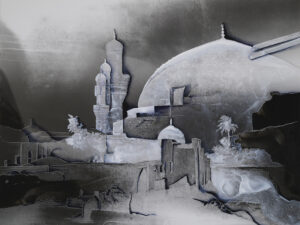 Guénaëlle de Carbonnières, Creuser l'image, Mosquée, Yazd, Perse, 2025
encre et gravure à la pointe sèche sur tirage argentique 
contrecollage sur aluminium, encadrement boîte et verre antireflet 
pièce unique - 30 x 40 cm
© Guénaëlle de Carbonnières courtesy Galerie Binome