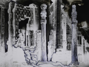 Guénaëlle de Carbonnières, Creuser l'image, Pasargades, Persepolis, 2025
encre et gravure à la pointe sèche sur tirage argentique 
contrecollage sur aluminium, encadrement boîte et verre antireflet 
pièce unique - 30 x 40 cm
© Guénaëlle de Carbonnières courtesy Galerie Binome