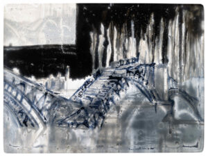 Guénaëlle de Carbonnières, Les nuits (Conte de fées), Pont effondré, 2025
oxydes, émaux et grisailles dans du verre fusionné 
pièce unique - circa 12,7 x 17 x 0,7 cm
© Guénaëlle de Carbonnières courtesy Galerie Binome