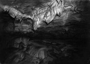 Amélie Royer, Passage, série Effondrement, dessin au fusain, à la pierre noire et au pastel sur papier Moulin du Verger, 43 x 60 cm, 2023, courtoisie Galerie Binome
