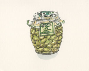Christelle Tea, Olive taggiasche, 18.VIII.2025, Indian ink and watercolour on paper, 10 x 12 cm