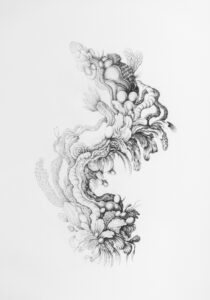 Golnaz Behrouznia, Agrégats 5, encre pigmentaire sur papier Clairefontaine lisse 250g, 42 x 29,7 cm, 2025, courtesy Julie Caredda Gallery, crédit photo_Paul Hennebelle, @_flaneur_studio