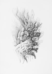 Golnaz Behrouznia, Agrégats 3, encre pigmentaire sur papier Clairefontaine lisse 250g, 42 x 29,7 cm, 2025, courtesy Julie Caredda Gallery, crédit photo_Paul Hennebelle, @_flaneur_studio