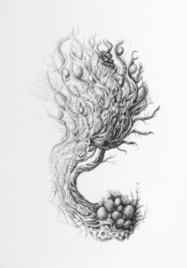 Golnaz Behrouznia, Agrégats 4, encre pigmentaire sur papier Clairefontaine lisse 250g, 42 x 29,7 cm, 2025, courtesy Julie Caredda Gallery, crédit photo_Paul Hennebelle, @_flaneur_studio