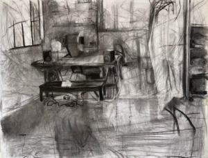 Marine Bikard, Bureau, 2026, fusain sur papier, charcoal, and acrylic on paper, 188x150 cm, 2026, courtesy galerie Maxime Allain, copyright Marine Bikard