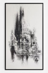 Nicolas Daubanes, Le Sacré-Cœur en feu, poudre de fer aimantée sur papier, 120 x 70 cm, 2026, courtesy de l’artiste et de la Galerie Maubert, © Nicolas Daubanes, ADAGP